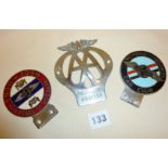 Two enamel car grille badges for Morgan Sports cars and an old AA badge