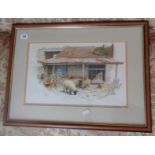 Colour print 167/350 of sheep in a farm shed, by Michael Cooper, signed in pencil