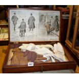 Mahogany box with drawer having print of Edwardian fashions inside and assorted gent's gloves