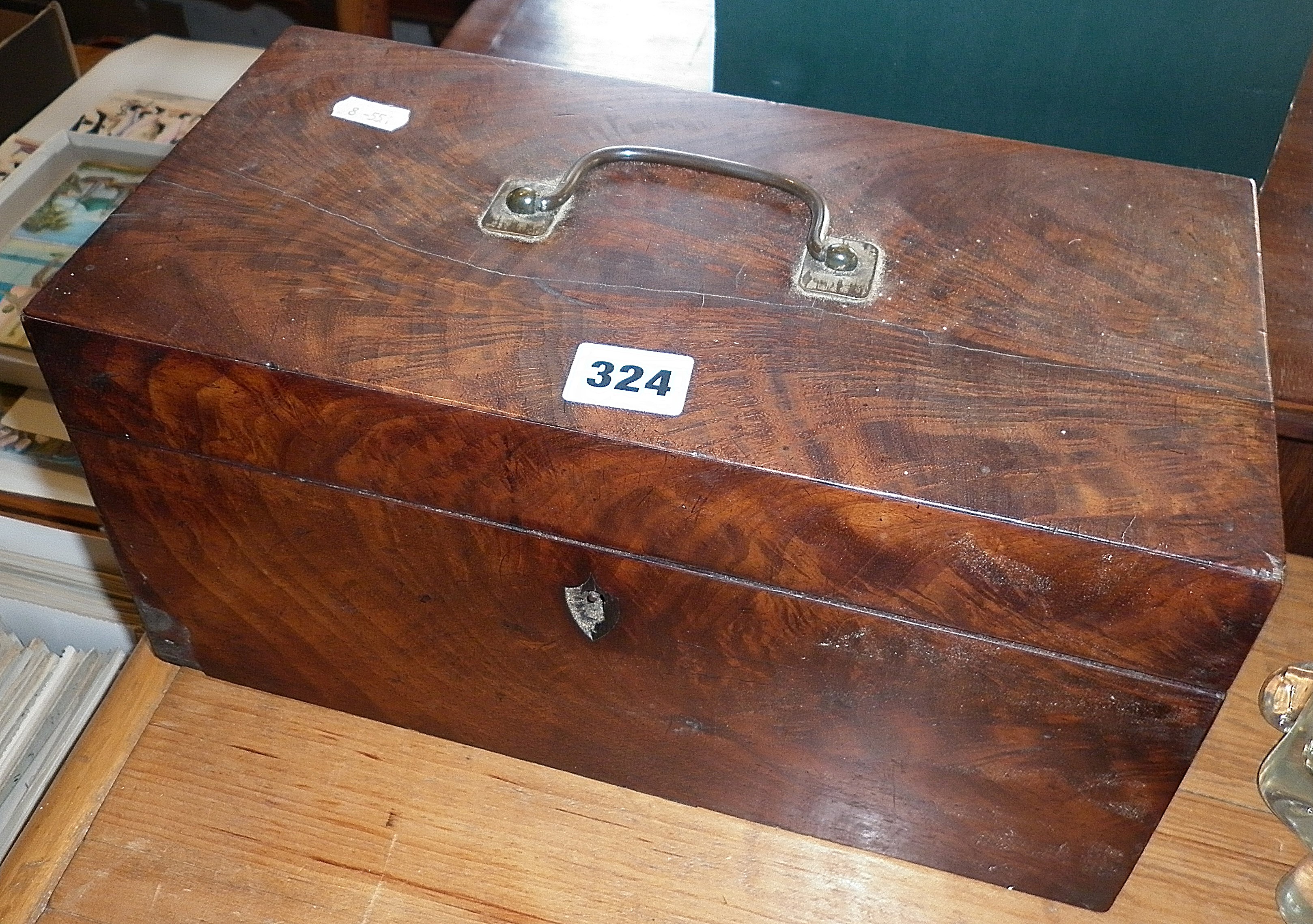 19th c. flame mahogany tea caddy with mixing bowl