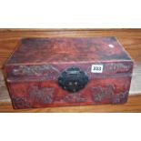 Antique Chinese lacquered pigskin case or box with applied characters and creatures, metal handles