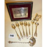 Silver shire horse prize plaque, set of four silver teaspoons, silver candle snuffer, finely pierced