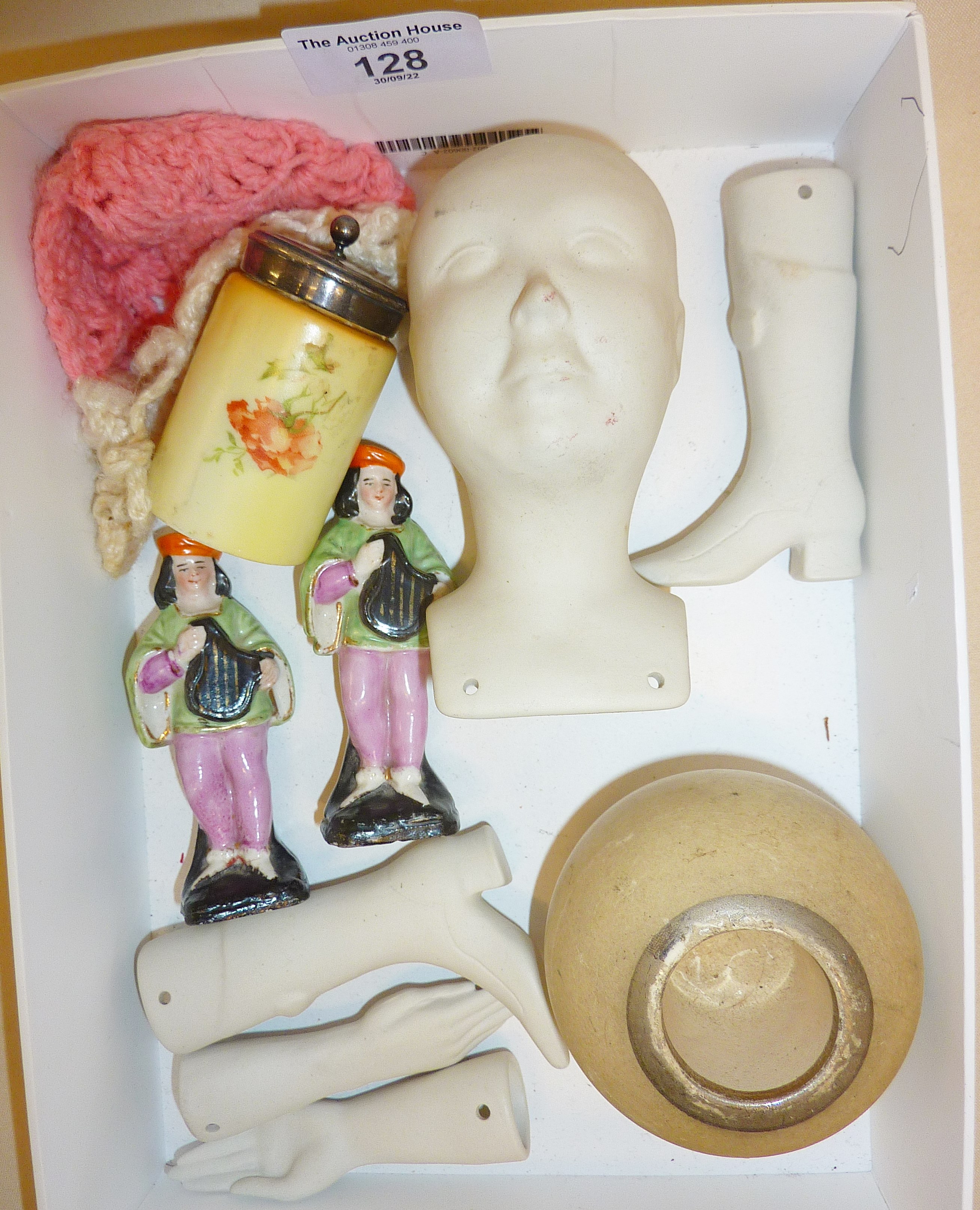 Bisque doll's head and limbs, china figures, etc.