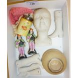 Bisque doll's head and limbs, china figures, etc.