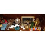 Two oil lamps, primus stove, kitchen scales, etched green glass decanter, etc.