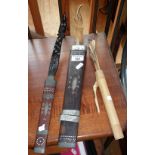 Tribal Art: Arrows in bamboo quiver, knife and inlaid scabbard with taxidermy horn handle, and