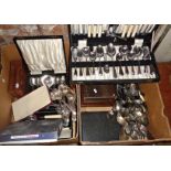 Large quantity of stainless and silver plated cutlery, in sets and cases