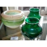 Vaseline glass bowl with overlay striations and a pair of Art Nouveau green glass vases