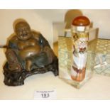Chinese lacquer laughing buddha on stand and a boxed glass snuff bottle - interior painted with
