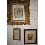 Miniature 19th c. ink portrait of a gentleman, and two other miniature pictures