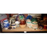 Majolica plate, three Wade spirit barrels, Devonware plates and other pottery and china