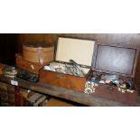 Leather cases and boxes, inc. cigar case and cutters. Together with two boxes of buttons and