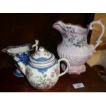 Booths teapot A/F, large Victorian lustre jug and an antique Chinese blue and white porcelain