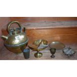 Brass "The Kabyle" kettle, Indian bronze spice container and other brassware