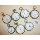 Six silver cased pocket watches (some A/F), and a stopwatch