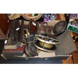 Four fishing reels, tackle, lines and inc. large centre pin by D. Slater of Newark