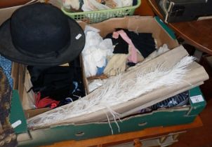 Two boxes of lacework, fabrics, dolls clothes, gloves and a Christys of London bowler hat