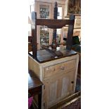 19th c. oak book press on pine base with cupboard and drawer