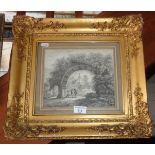 Gilt framed 19th c. engraving of a ruined arch with figures, 15" x 17"