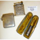 830 silver bodied lighter with figural scene, hallmarked silver cheroot holder in case, and silver