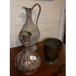 19th c. finely decorated Persian Qajar copper ewer, and two other similar pieces