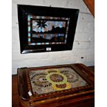 Two inlaid butterfly-wing trays, and a similar framed picture