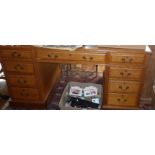 Victorian oak nine-drawer kneehole pedestal desk, 54" wide x 30" deep x 29.5" high