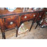 Small 19th c. cross banded mahogany sideboard with cellarette drawers standing on turned legs (A/F)