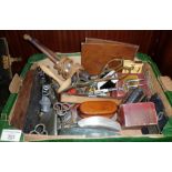 Box of metalware, games, cutlery, etc.