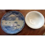 Japanese blue and white dish and a small blanc de chine bowl