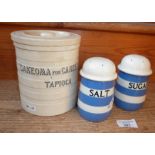 TG Green cornishware sugar sifter and salt pots and a "Cakeoma for Cakes" storage jar marked '