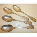 Set of four silver table spoons in the fiddle pattern, hallmarked for London circa 1837 William