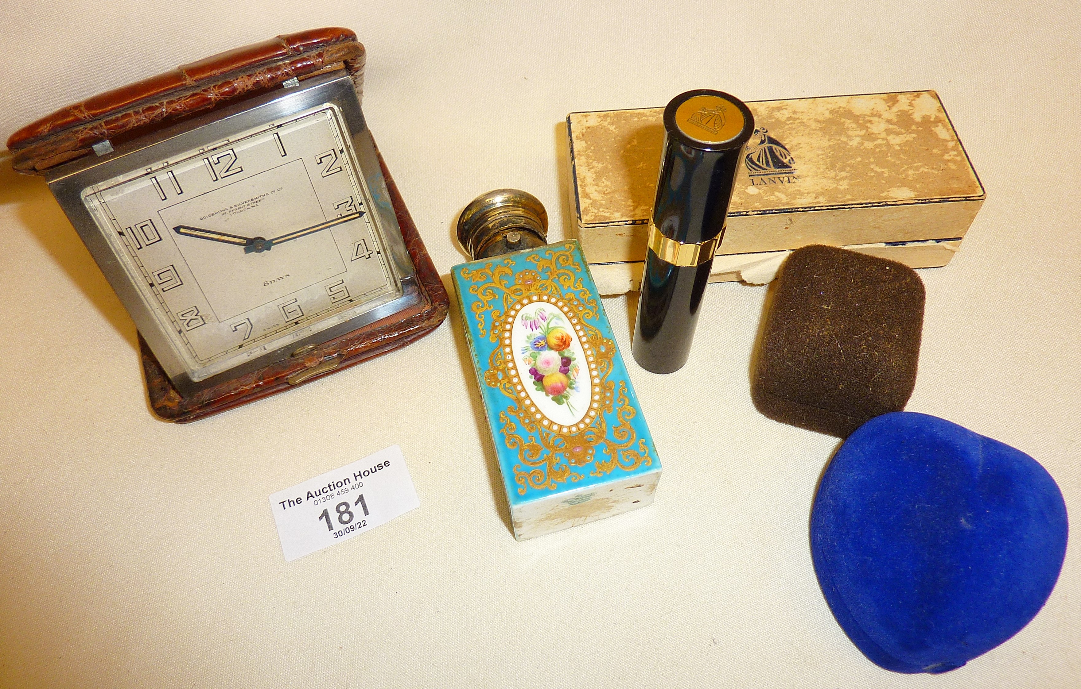 Art Deco Goldsmiths & Silversmiths travel clock, Lanvin perfume atomiser in box, Bavarian? porcelain