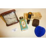 Art Deco Goldsmiths & Silversmiths travel clock, Lanvin perfume atomiser in box, Bavarian? porcelain