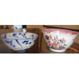 Chinese famille rose tea bowl and similar blue and white tea bowl