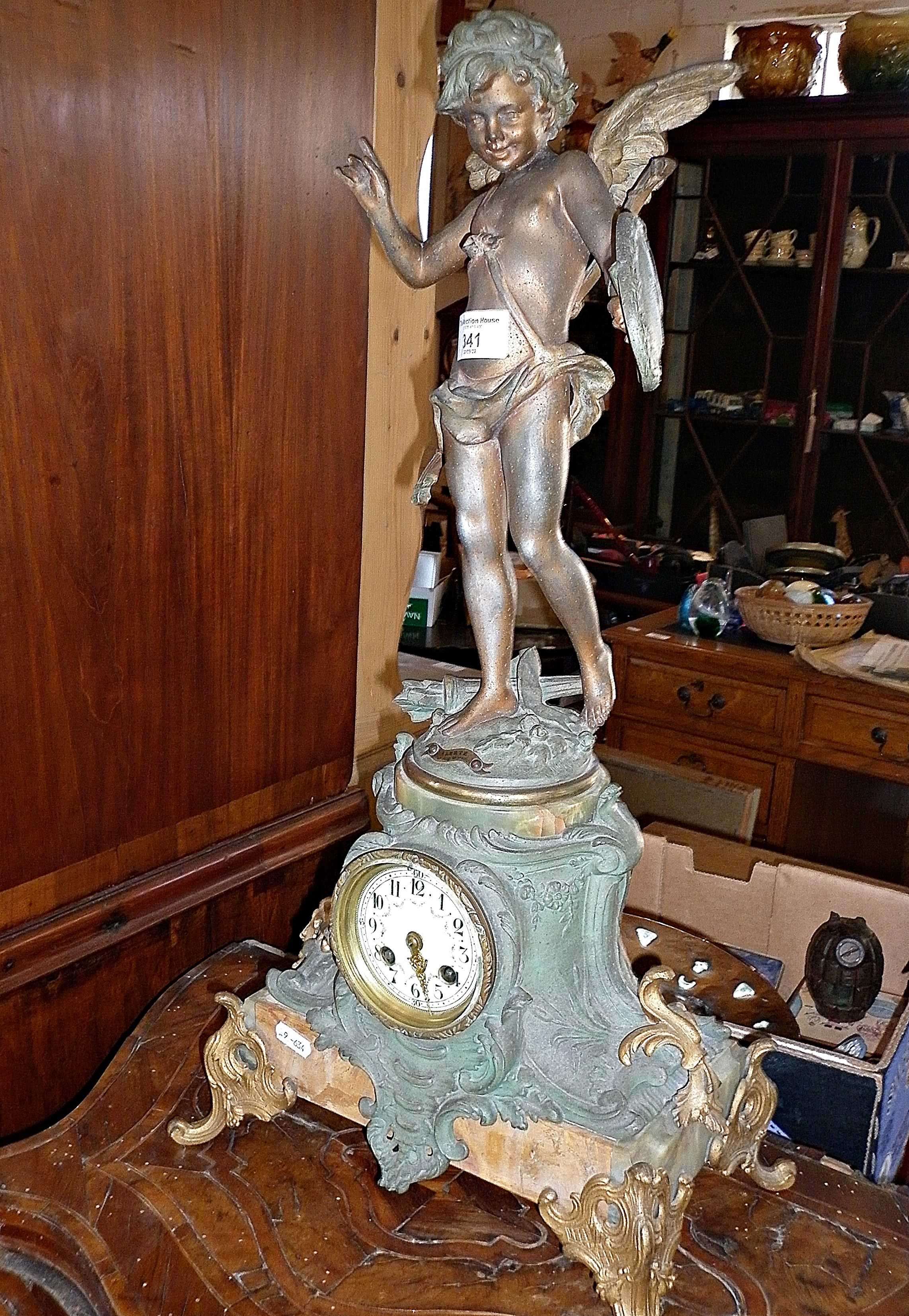 19th c. French spelter and marble mantle clock surmounted by figure of Cupid, 2' tall, Alerte Par Au