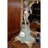 19th c. French spelter and marble mantle clock surmounted by figure of Cupid, 2' tall, Alerte Par Au