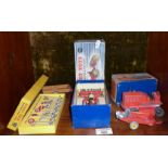 Dinky Toys farm tractor and hay rake 27AK with two trailers, Dinky Toys International Road signs,