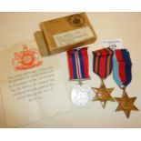 WW2 three medal group, inc. the Burma Star with original document and postal box
