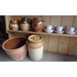 Old crock, stoneware storage pots and two harvest jugs and some lustre teacups and saucers