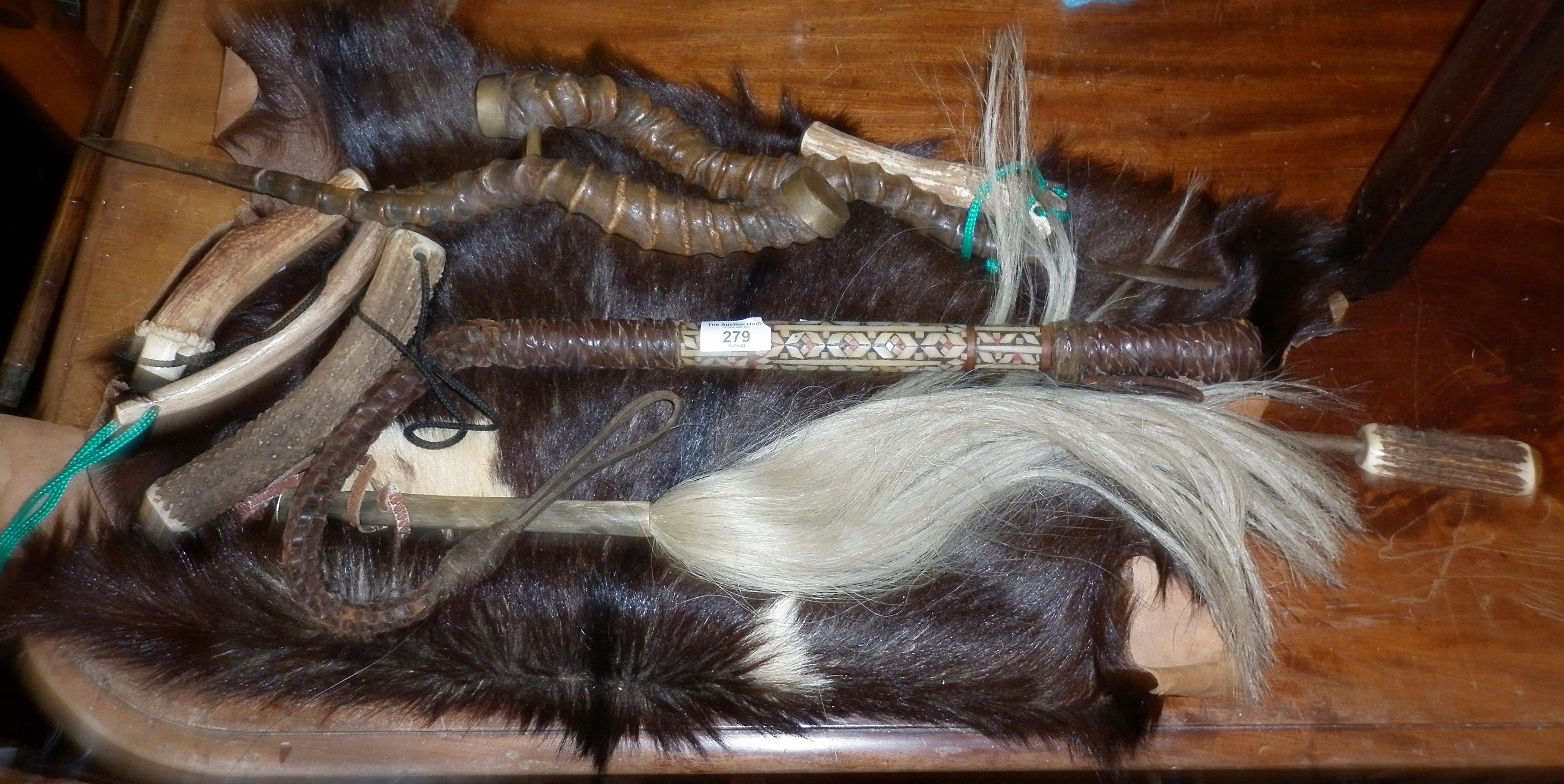 Tribal Art whip, fly whisk, antelope horns and antler horn fisherman's priests