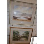 Watercolour of a loch with cottages and fishing boat by Townsend and a watercolour of a landscape