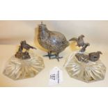 Antique silver bird shaped pepper pot (no head), hallmarked. Together with two silver bird