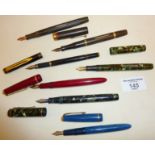 Assorted old fountain pens, makes include Parker, Waterman's, Swan, Conway Stewart, most with 14k
