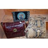 Snakeskin handbag, a crocodile handbag and clutch bag with silver wire decoration