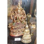 Asian painted bronze buddha, 22cm high, another smaller and a small overlay bronze Persian vase