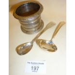 White metal pot and two hallmarked silver spoons