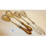 Two pairs of antique silver plated salad servers