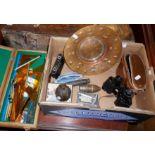 WW2 grenade shell, other shells, copper dish, Gillette Safety razor in box, binoculars and