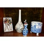 Chinese miniature blue and white dragon vase, Japanese bottle vase, Japanese figures on sticks and a